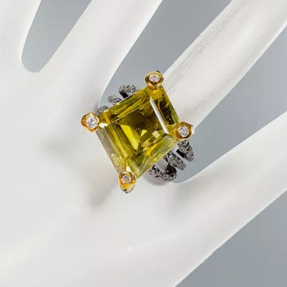 HUGE 16k biased diamond cut Natural Lemon Quarts Sterling & Rhodium ring sz8.5 - Picture 3 of 12